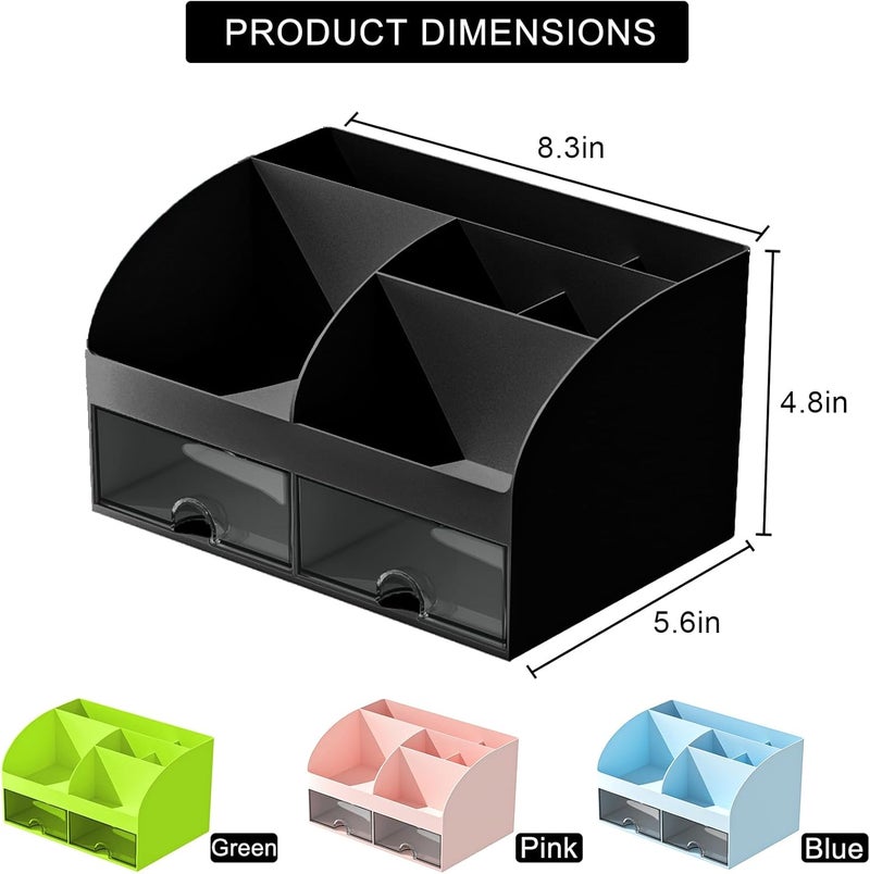 COMFYROOM Desk Organizer with 6 Compartments and 2 Drawers, Plastic Makeup Organizer, Pen Holder for Desktop Storage, Desk Organization for School, Home, Office Supplies (Black) - Image 2